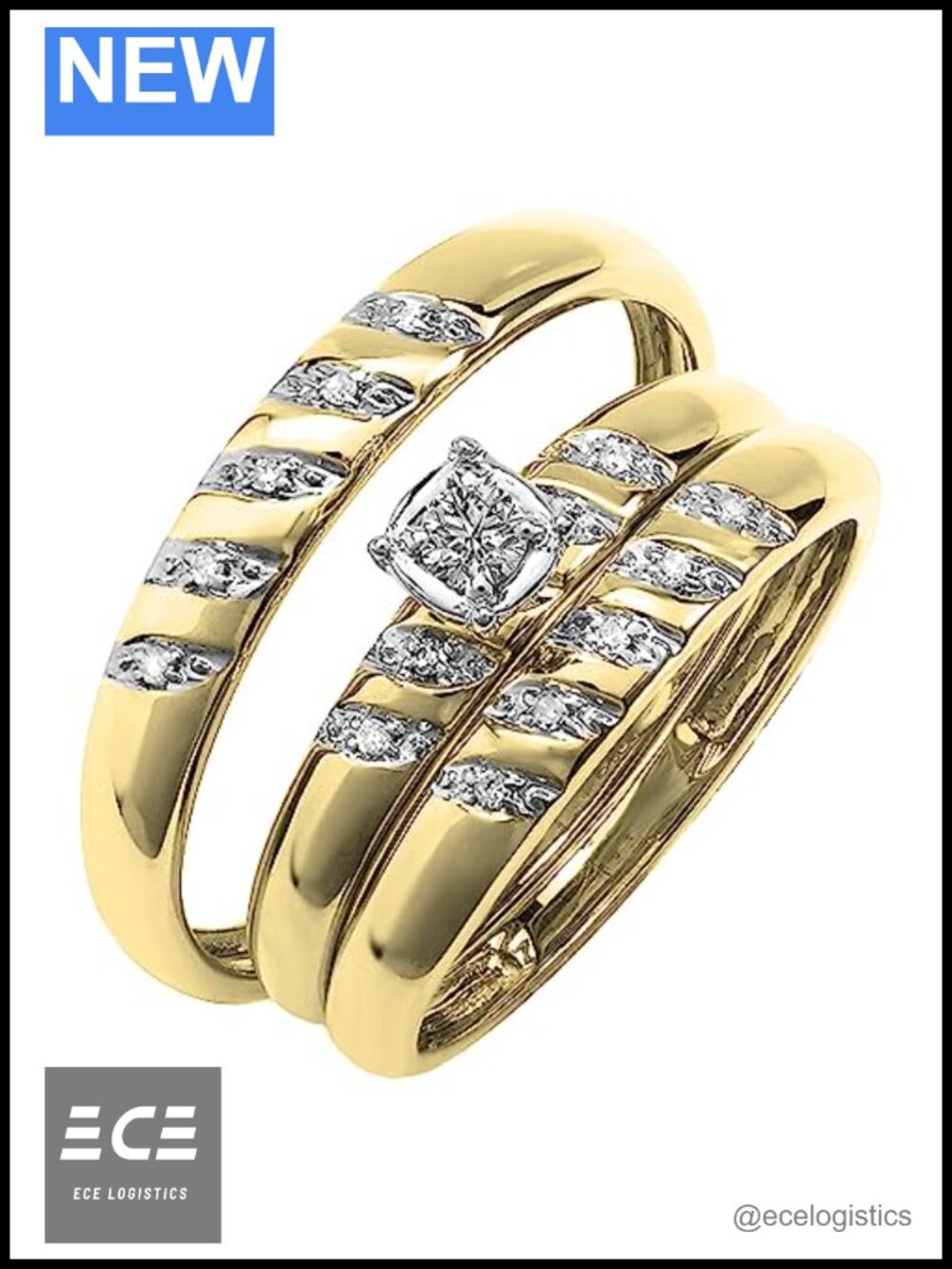 10K Yellow Gold Diamond Solitaire Wedding Trio Set Bridal Ring Set